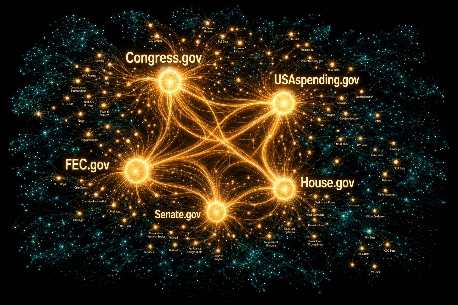 Editorial information-design illustration: a pentagon of five glowing nodes labeled Congress.gov, USAspending.gov, FEC.gov, Senate.gov, House.gov, densely cross-referenced with thin marigold threads. A starfield of dimmer orphan nodes in cream and petrol represents the rest of the federal-data universe not yet connected.
