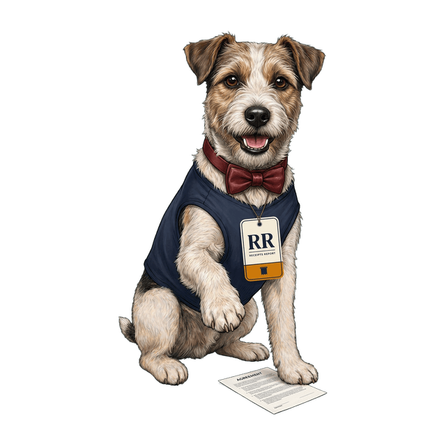 The Ledger Terrier in glasses examining an unfurled fine-print scroll