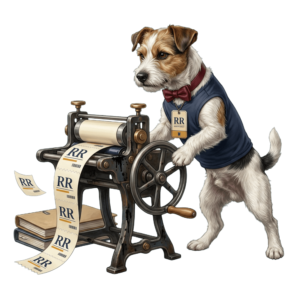 Agent, the Receipts Report terrier, cranking a printing press as receipts fly off it